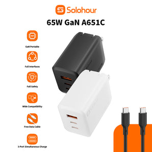 GaN 65W Ultra Fast Charger With 1m C-C Cable (3-Port | USB-C×2+USB-A×1) US Plug
