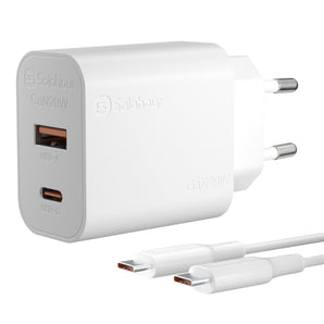 شاحن سريع GaN بقوة 20 واط مع كابل USB-C بطول 1 متر (منفذان | USB-C + USB-A) قابس أوروبي
