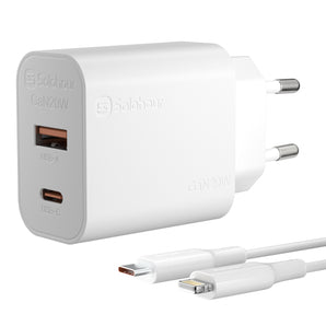 شاحن سريع GaN بقوة 20 واط مع كابل بطول 1 متر من النوع C إلى النوع A (منفذان | USB-C + USB-A) قابس أوروبي