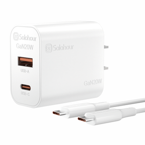 شاحن سريع GaN بقوة 20 واط مع كابل USB-C بطول 1 متر (منفذان | USB-C + USB-A) قابس أمريكي