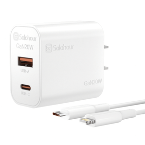 طقم شاحن سريع GaN بقوة 20 واط مع كابل C-L بطول 1 متر (منفذان | USB-C + USB-A) قابس أمريكي