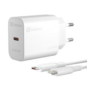 شاحن سريع GaN بقوة 20 واط مع كابل C-L بطول 1 متر (منفذ واحد | USB-C) قابس أوروبي