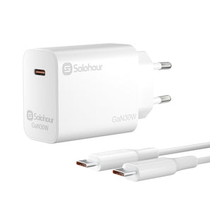 شاحن سريع GaN بقوة 30 واط مع كابل USB-C بطول 1 متر (منفذ واحد | قابس أوروبي USB-C)