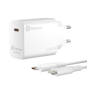 شاحن سريع بتقنية GaN بقوة 30 واط مع كابل USB-C بطول 1 متر (منفذ واحد | USB-C) وقابس أوروبي