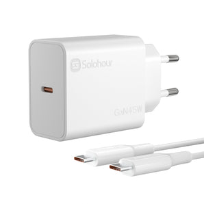 شاحن فائق السرعة بقوة 45 واط بتقنية GaN مع كابل USB-C بطول 1 متر (منفذ واحد | USB-C) وقابس أوروبي