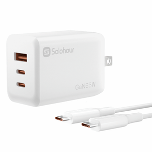شاحن فائق السرعة بقوة 65 واط بتقنية GaN مع كابل USB-C بطول 1 متر (3 منافذ | منفذان USB-C ومنفذ USB-A) قابس أمريكي