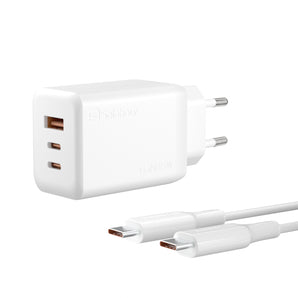 شاحن فائق السرعة بقوة 65 واط بتقنية GaN مع كابل بطول 1 متر من النوع C-C (3 منافذ | منفذان USB-C ومنفذ USB-A) قابس أوروبي