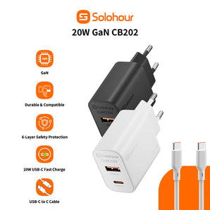 GaN 20W Fast Charger Kit With 1m C-C Cable (2 Port | USB C + USB A) EU Plug